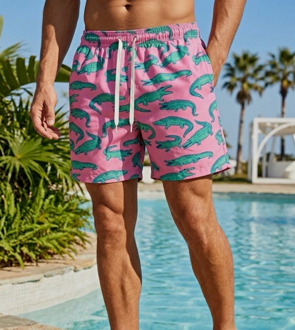 Chubbies Men's XXL Pink/Green Alligator Print Swim Trunks Elastic Waist Mesh EUC